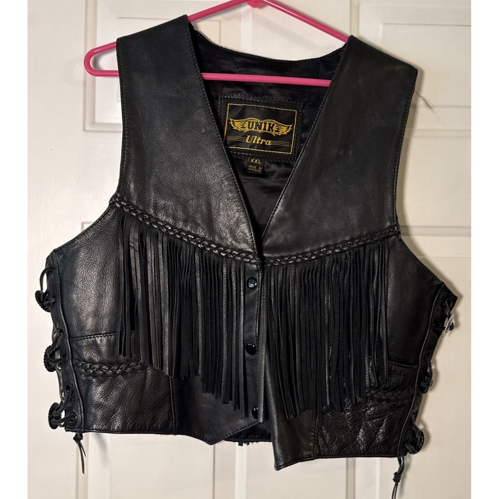 UNIK Ultra Leather Vest XXL Black Fringe Western Biker Snap Lace Sides